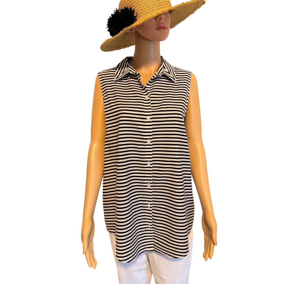 Chico's No Iron Black White Striped Sleeveless Button Up, Women's Size 12